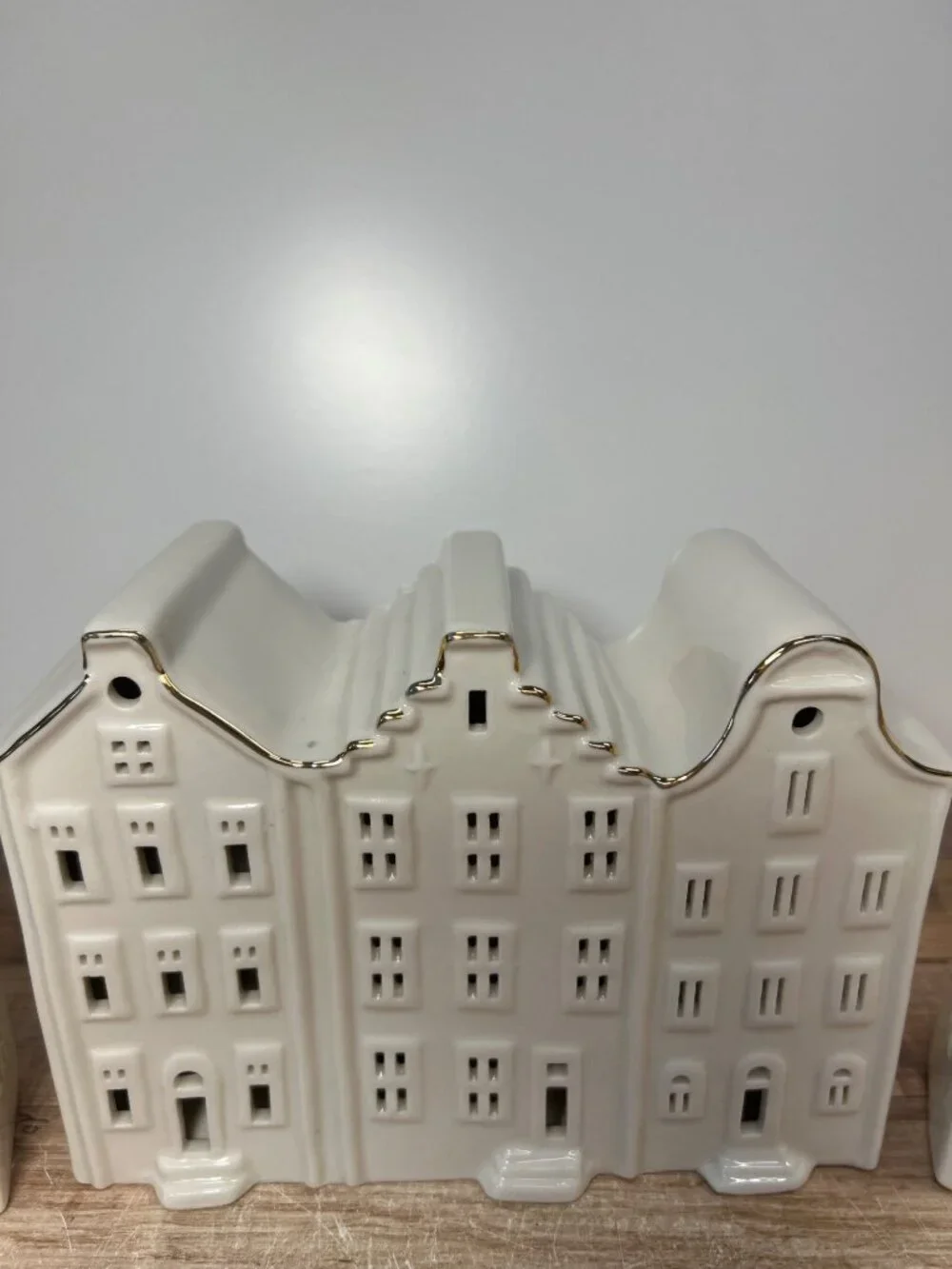 3 Pc White Ceramic Christmas Village Houses Gold Trim Battery Operated Untested